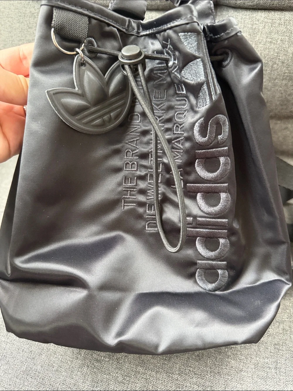 adidas Originals Black Satin Drawstring mini Backpack Trefoil Charm